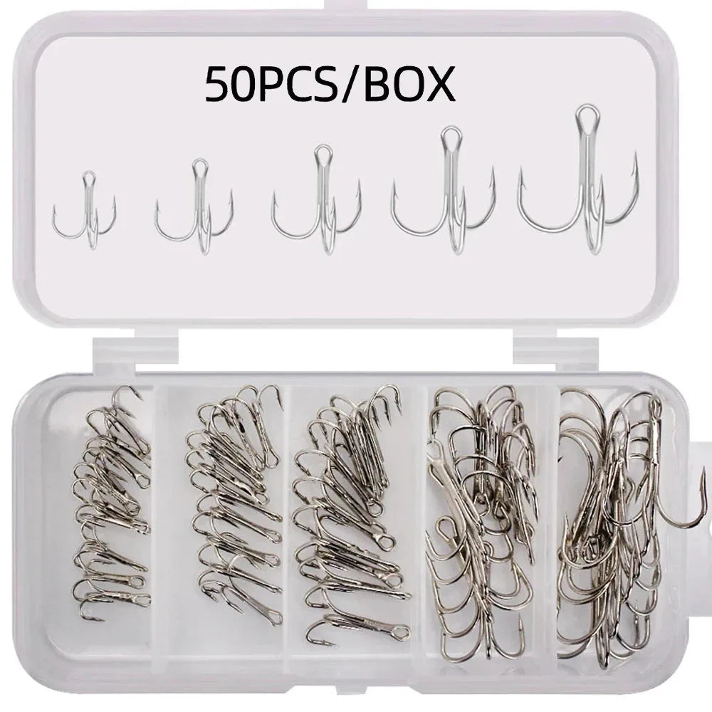 50pcs/box Mix Treble Fishing Hooks Kit