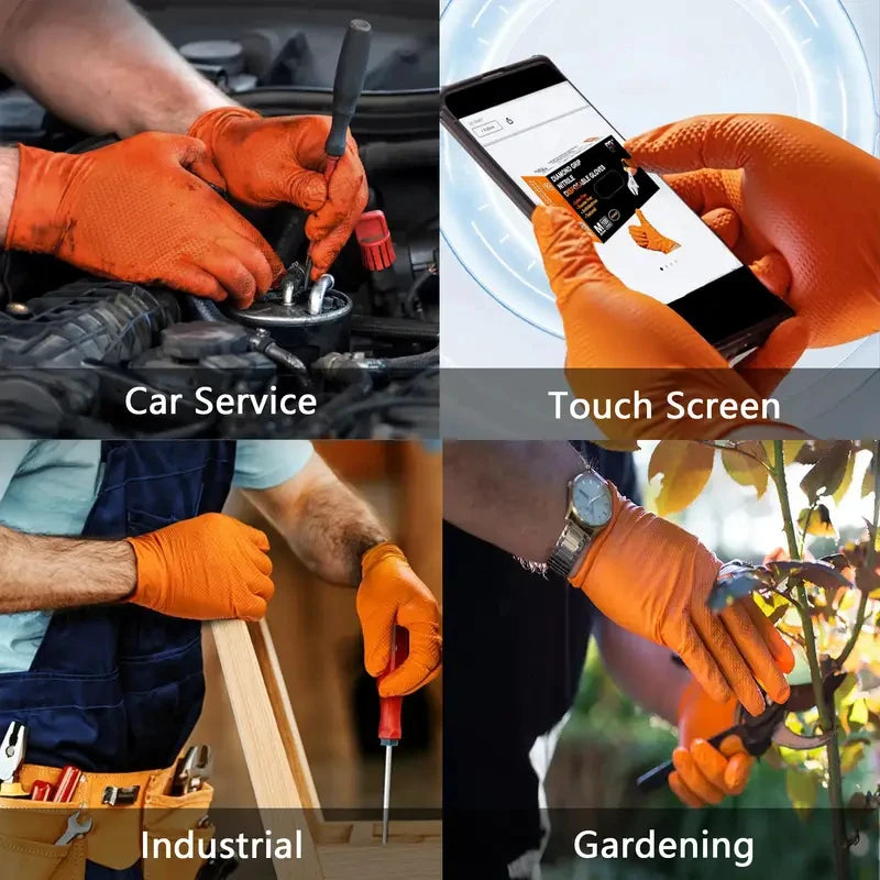 Heavy Duty Orange Nitrile Gloves 8Mil Industrial Disposable Gloves with Diamond Textured Grip