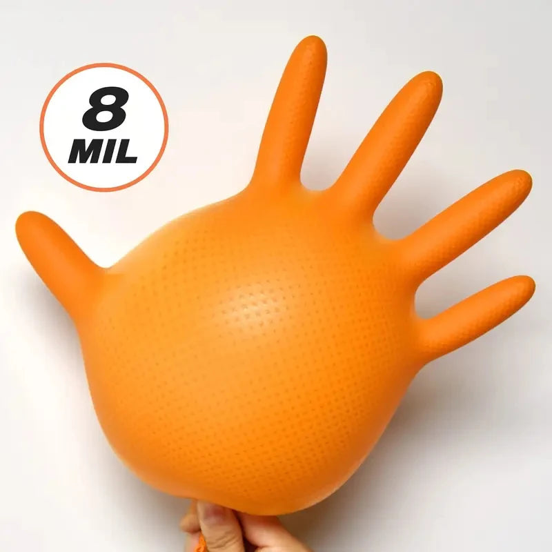 Heavy Duty Orange Nitrile Gloves 8Mil Industrial Disposable Gloves with Diamond Textured Grip