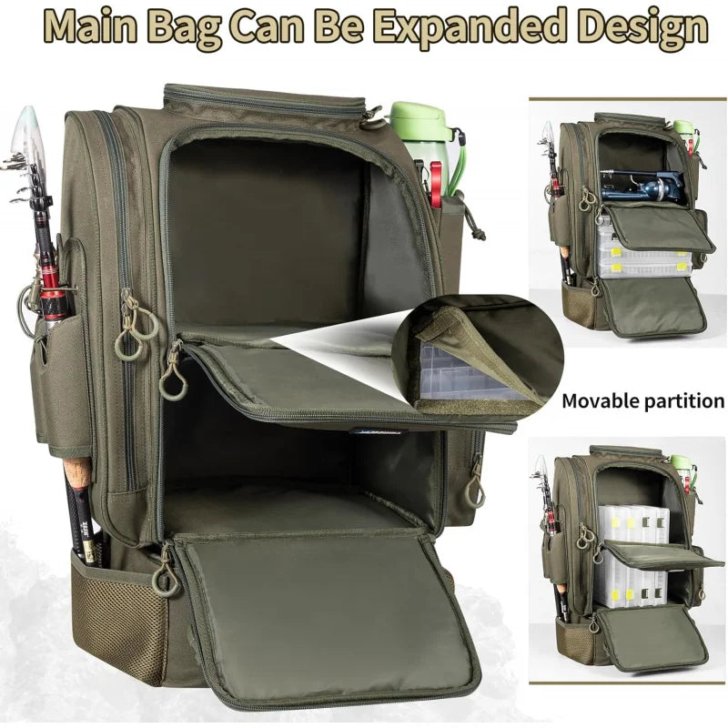 Large Fishing Backpack with Cooler for 3 Tackle boxes
