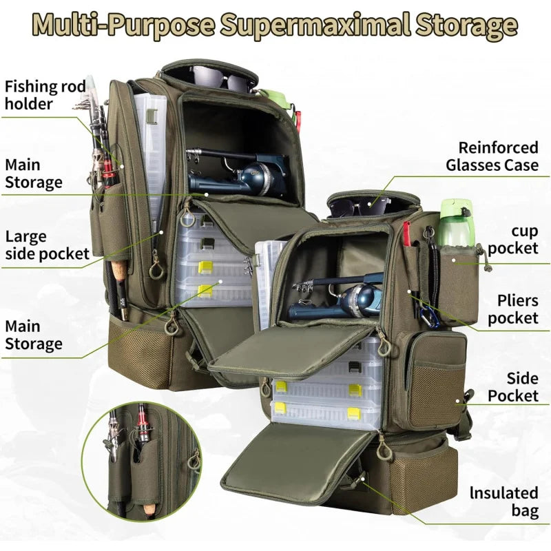Large Fishing Backpack with Cooler for 3 Tackle boxes