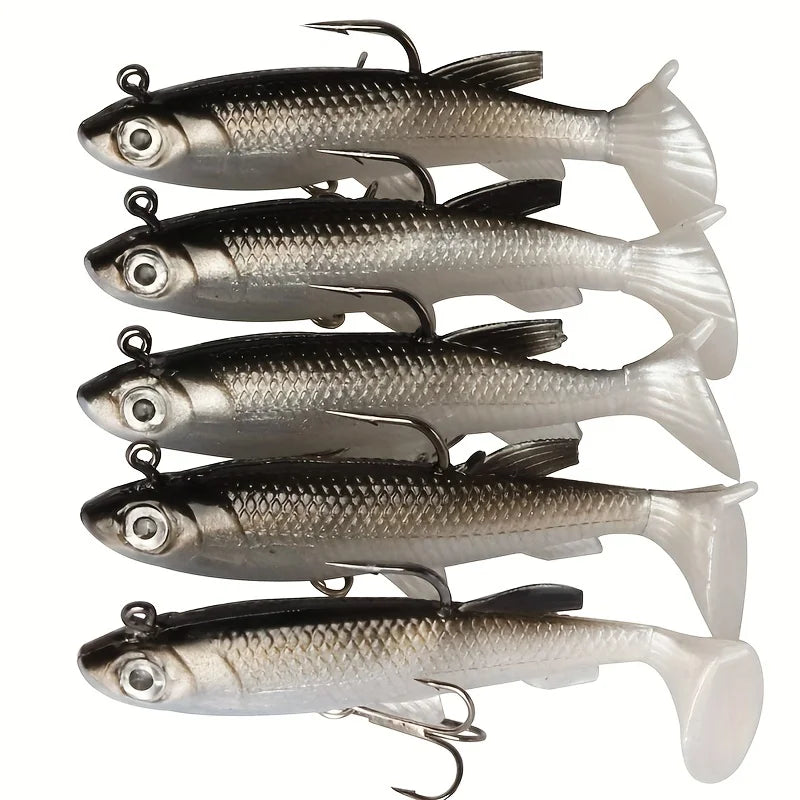Fishing Lures 5Pcs Pre-Rigged Jig Head Paddle Tail Soft Plastic Swimbaits