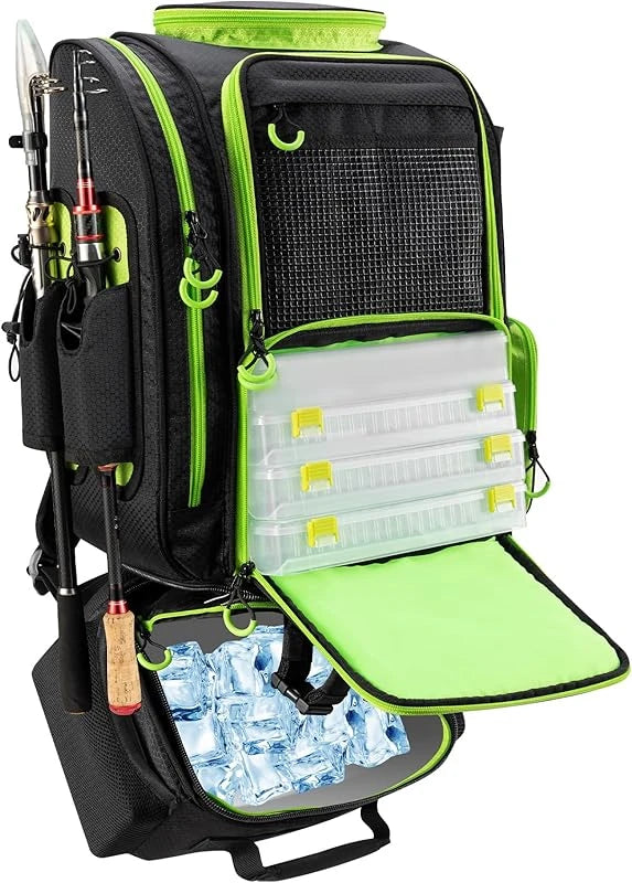 Large Fishing Backpack with Cooler for 3 Tackle boxes