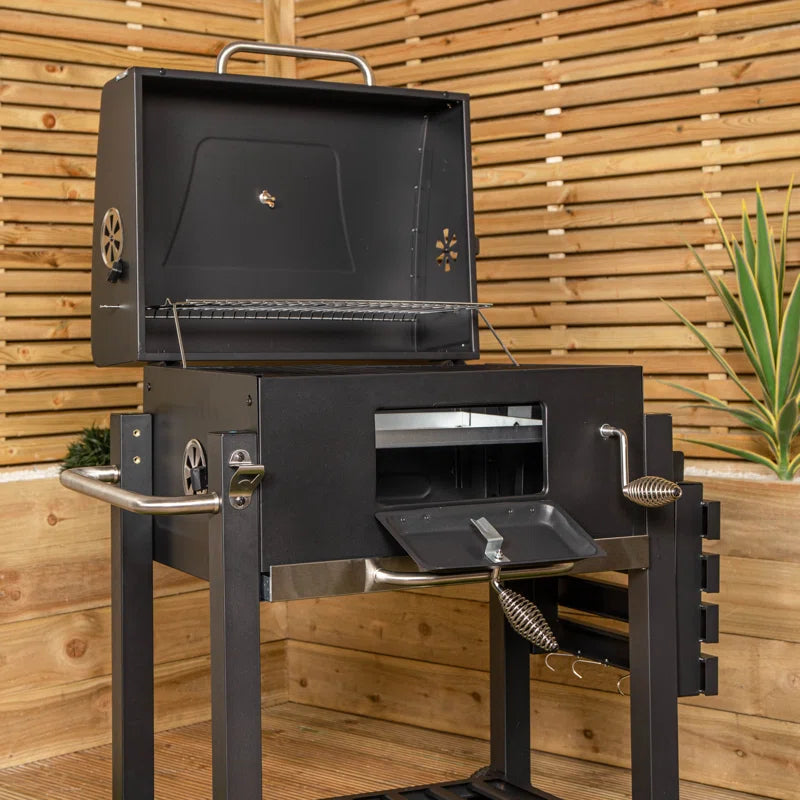 Black Steel Portable Rectangular BBQ Trolley
