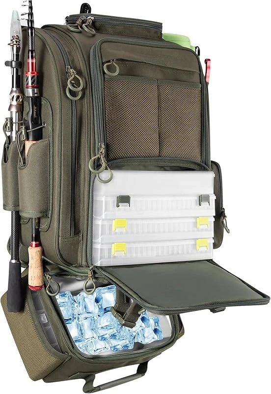Large Fishing Backpack with Cooler for 3 Tackle boxes