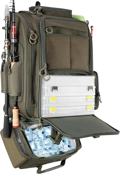 Large Fishing Backpack with Cooler for 3 Tackle boxes
