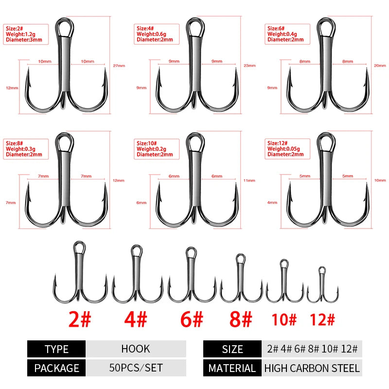 Shawto 50pcs/Lot Treble Fishing Hook Set