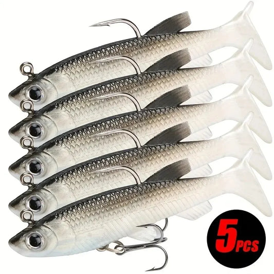 Fishing Lures 5Pcs Pre-Rigged Jig Head Paddle Tail Soft Plastic Swimbaits