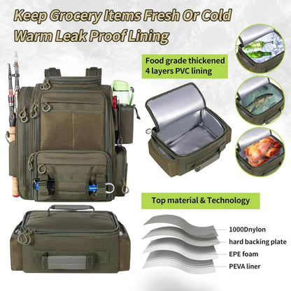 Large Fishing Backpack with Cooler for 3 Tackle boxes