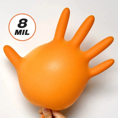 Heavy Duty Orange Nitrile Gloves 8Mil Industrial Disposable Gloves with Diamond Textured Grip