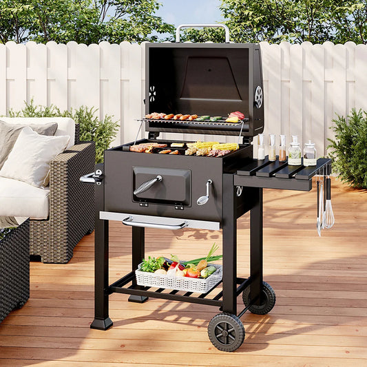 Black Steel Portable Rectangular BBQ Trolley