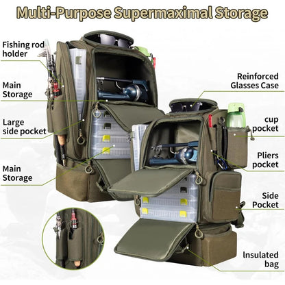 Large Fishing Backpack with Cooler for 3 Tackle boxes