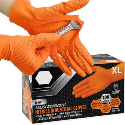 Heavy Duty Orange Nitrile Gloves 8Mil Industrial Disposable Gloves with Diamond Textured Grip